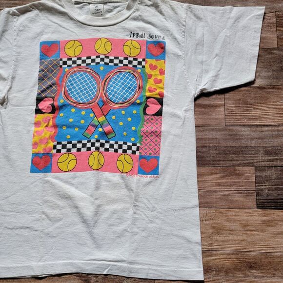 VTG 1995 Threads Of April Sound Tennis Hearts T Shirt Women's Size M USA - Picture 6 of 16